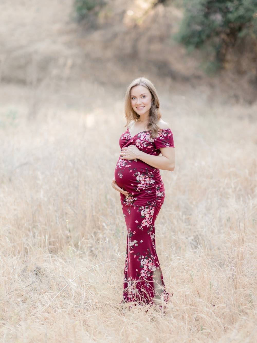 Maternity Off-Shoulder Floral Maxi Dress in Burgundy - Picture 2 of 5